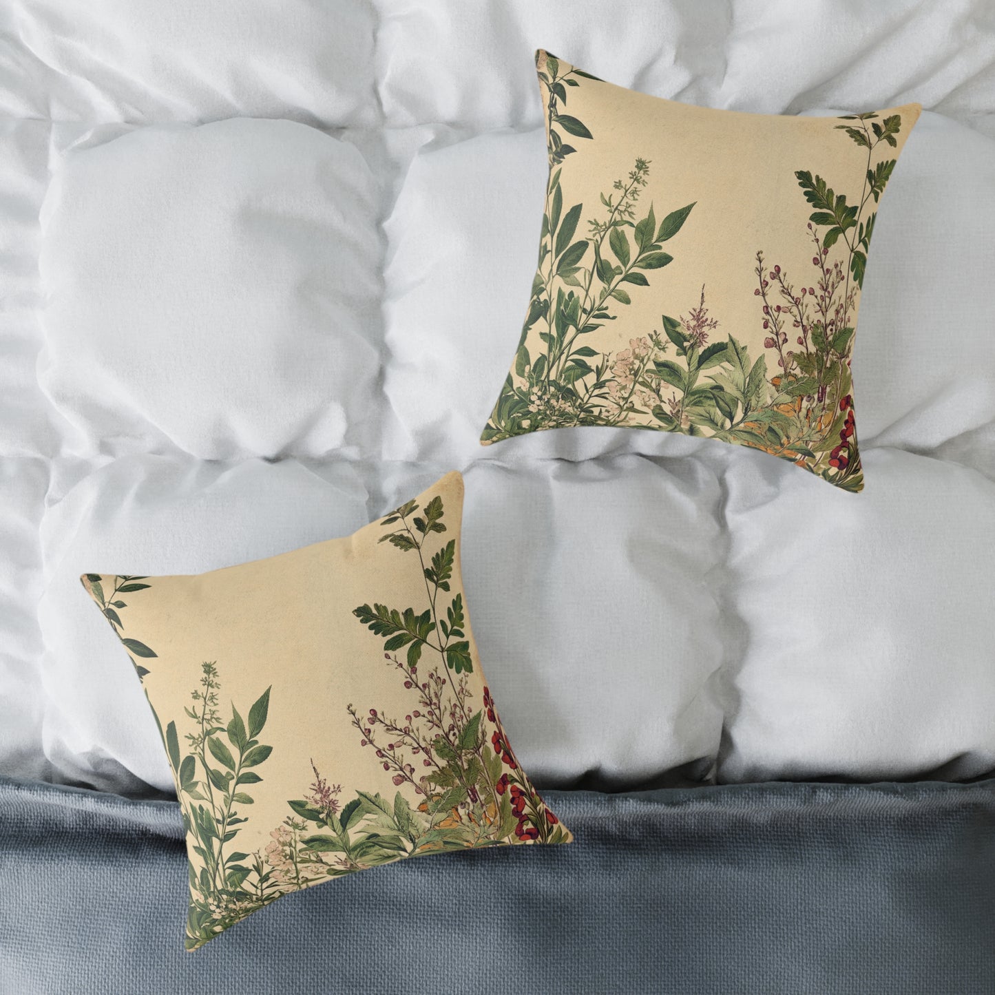 Botanical Floral Throw Pillow — Vintage Greenery Square Cushion