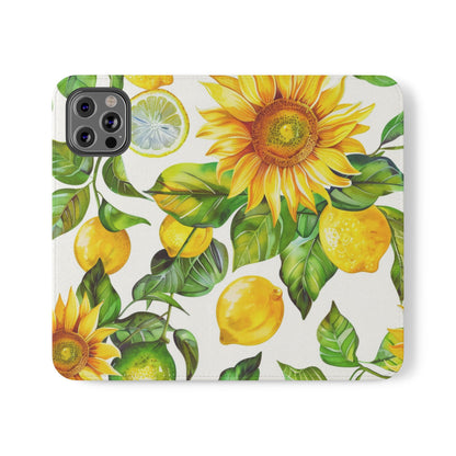 Sunflower & Lemon Flip Phone Case – Floral Wallet Flip Case with Card Slots