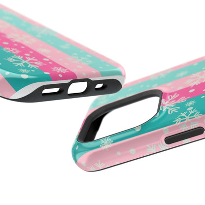 Snowflake Striped Magnetic Impact-Resistant Phone Case — Pink & Teal Winter Design