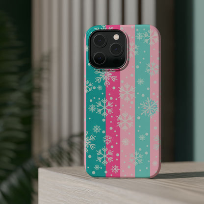 Snowflake Striped Magnetic Impact-Resistant Phone Case — Pink & Teal Winter Design
