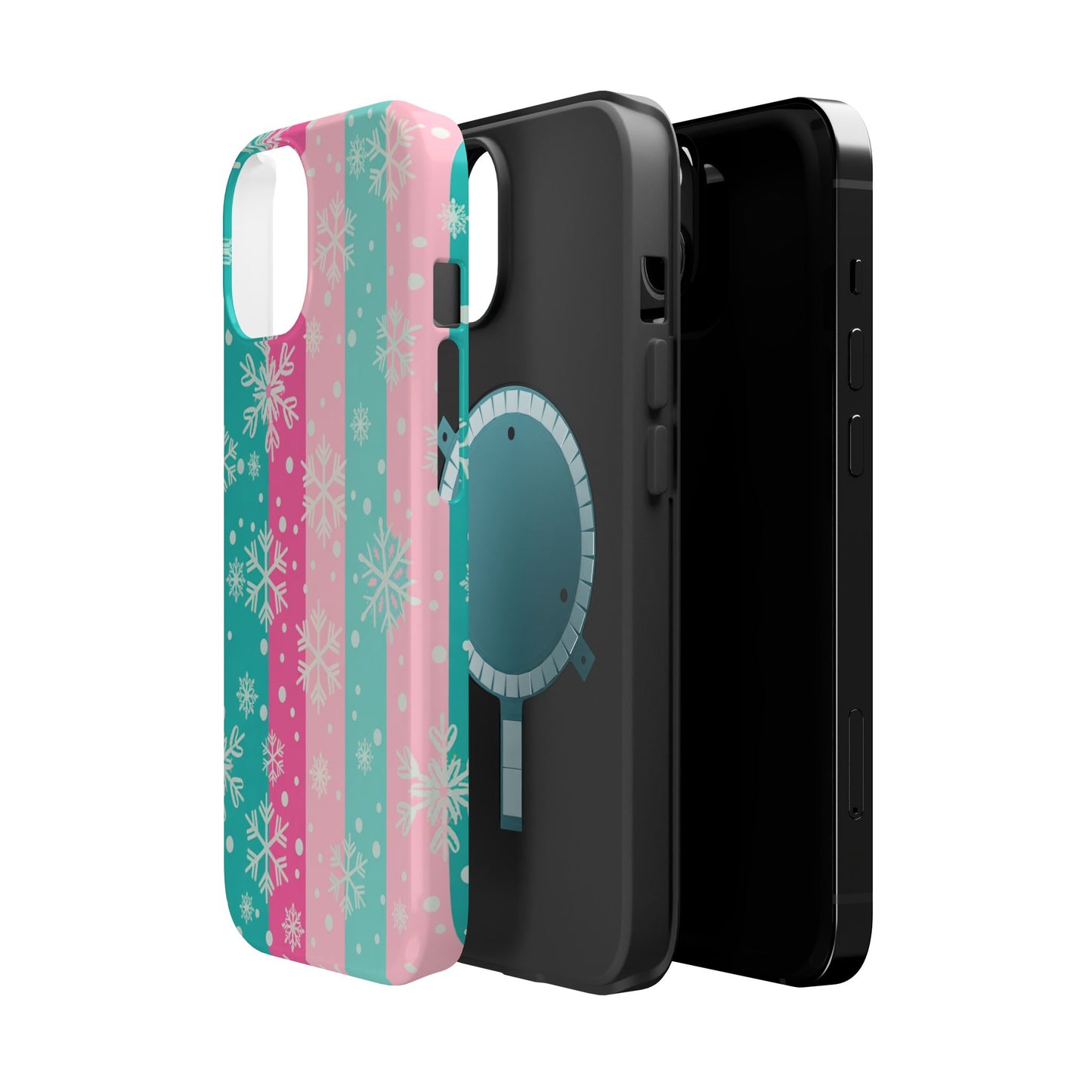 Snowflake Striped Magnetic Impact-Resistant Phone Case — Pink & Teal Winter Design