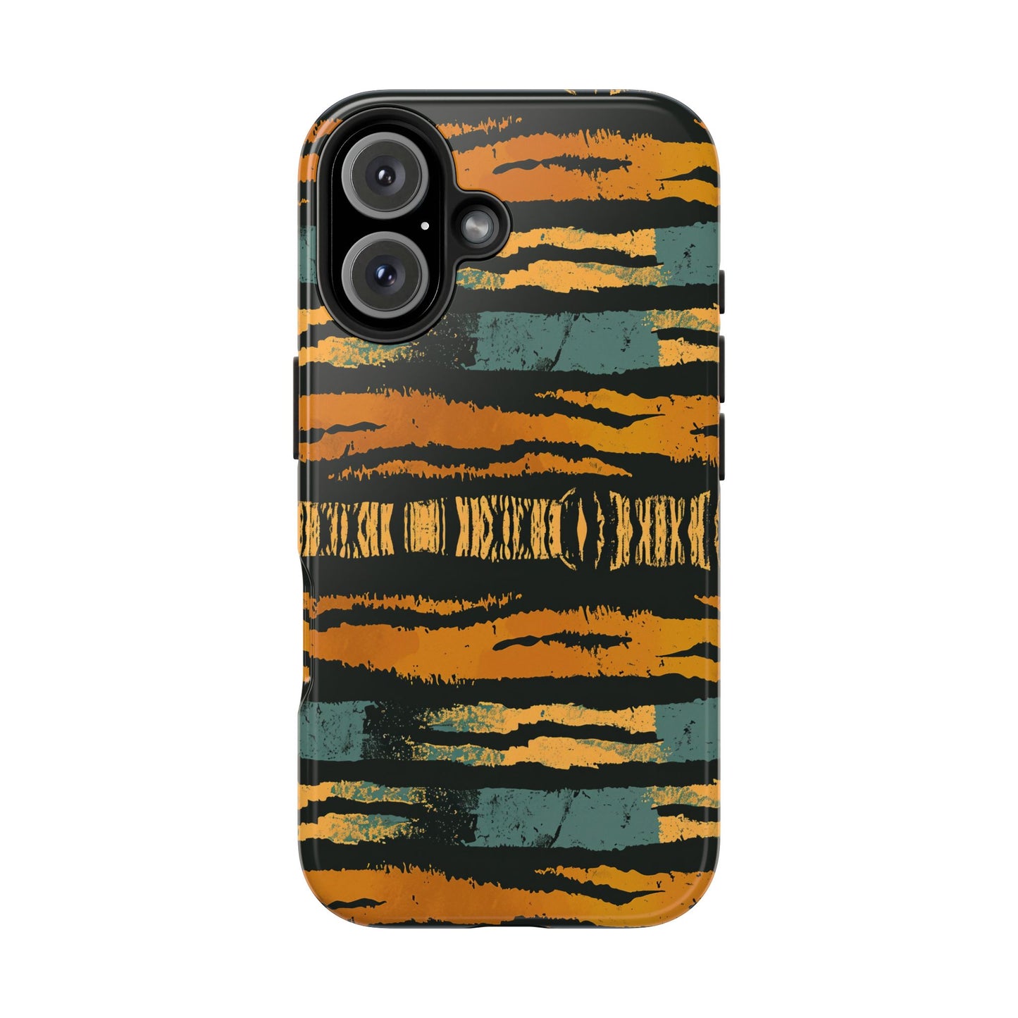 Tiger Stripe Tough Phone Case — Rugged Protective iPhone Cover with Amber & Teal Brushstroke Pattern