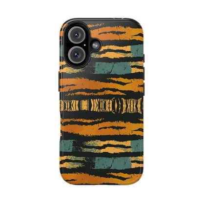 Tiger Stripe Tough Phone Case — Rugged Protective iPhone Cover with Amber & Teal Brushstroke Pattern