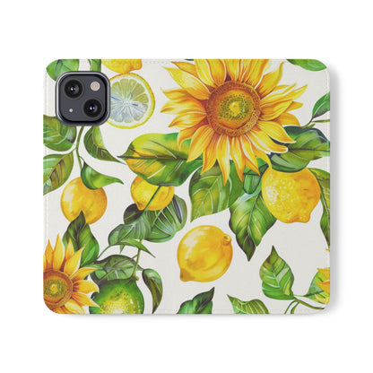 Sunflower & Lemon Flip Phone Case – Floral Wallet Flip Case with Card Slots
