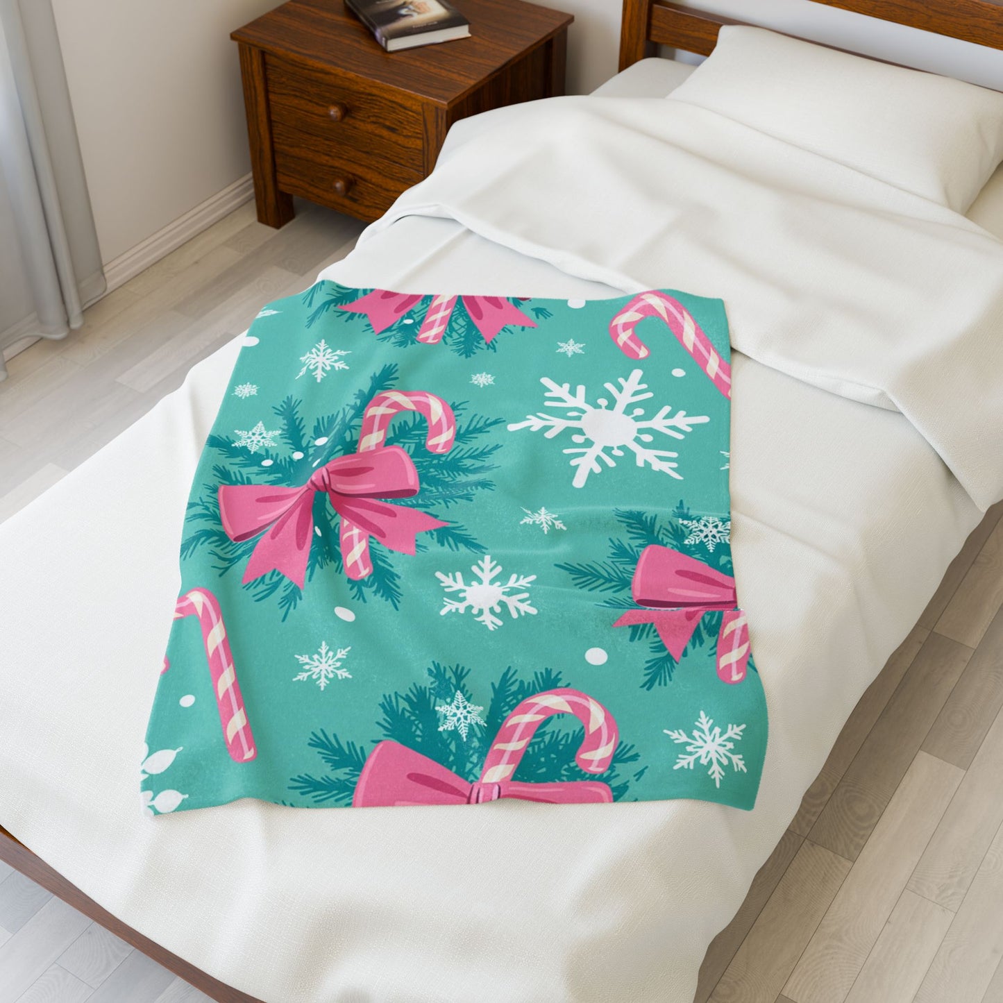 Christmas Candy Cane Plush Blanket — Teal Snowflake Velveteen Throw