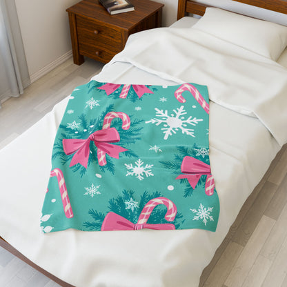 Christmas Candy Cane Plush Blanket — Teal Snowflake Velveteen Throw