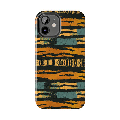 Tiger Stripe Tough Phone Case — Rugged Protective iPhone Cover with Amber & Teal Brushstroke Pattern