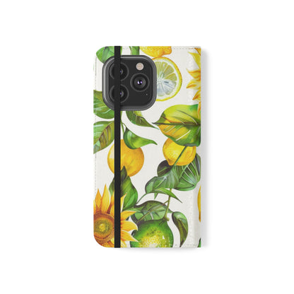 Sunflower & Lemon Flip Phone Case – Floral Wallet Flip Case with Card Slots