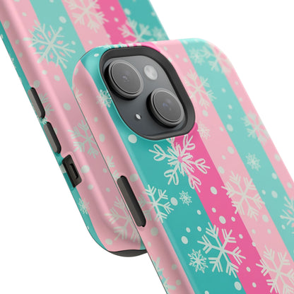Snowflake Striped Magnetic Impact-Resistant Phone Case — Pink & Teal Winter Design