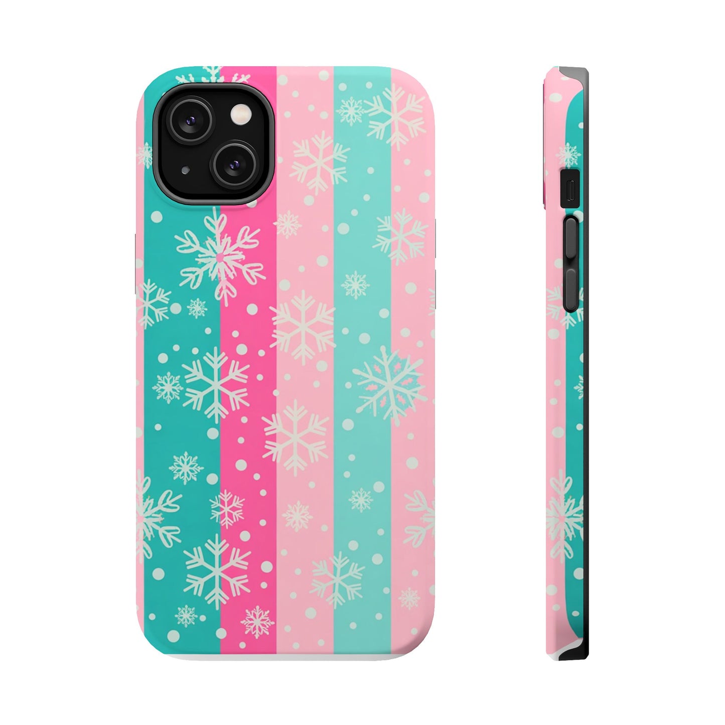 Snowflake Striped Magnetic Impact-Resistant Phone Case — Pink & Teal Winter Design