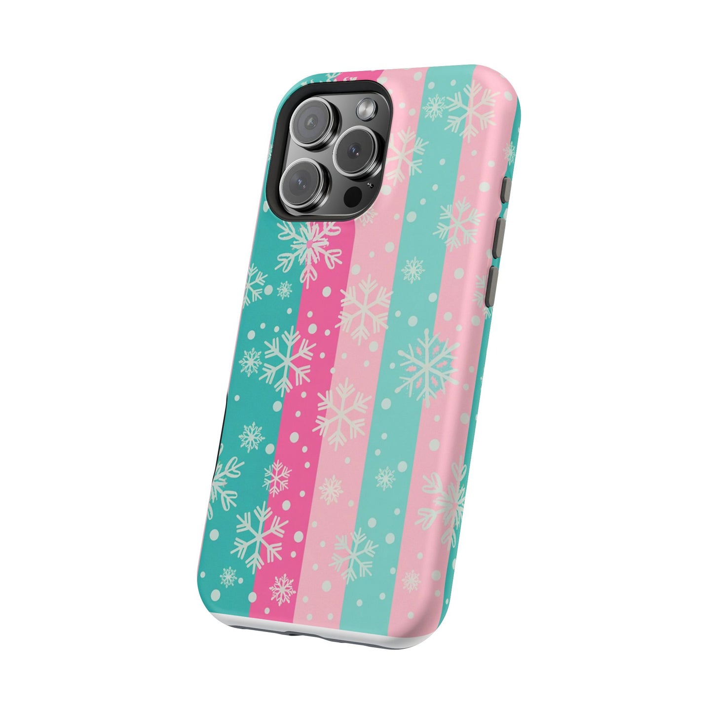 Snowflake Striped Magnetic Impact-Resistant Phone Case — Pink & Teal Winter Design