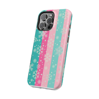Snowflake Striped Magnetic Impact-Resistant Phone Case — Pink & Teal Winter Design
