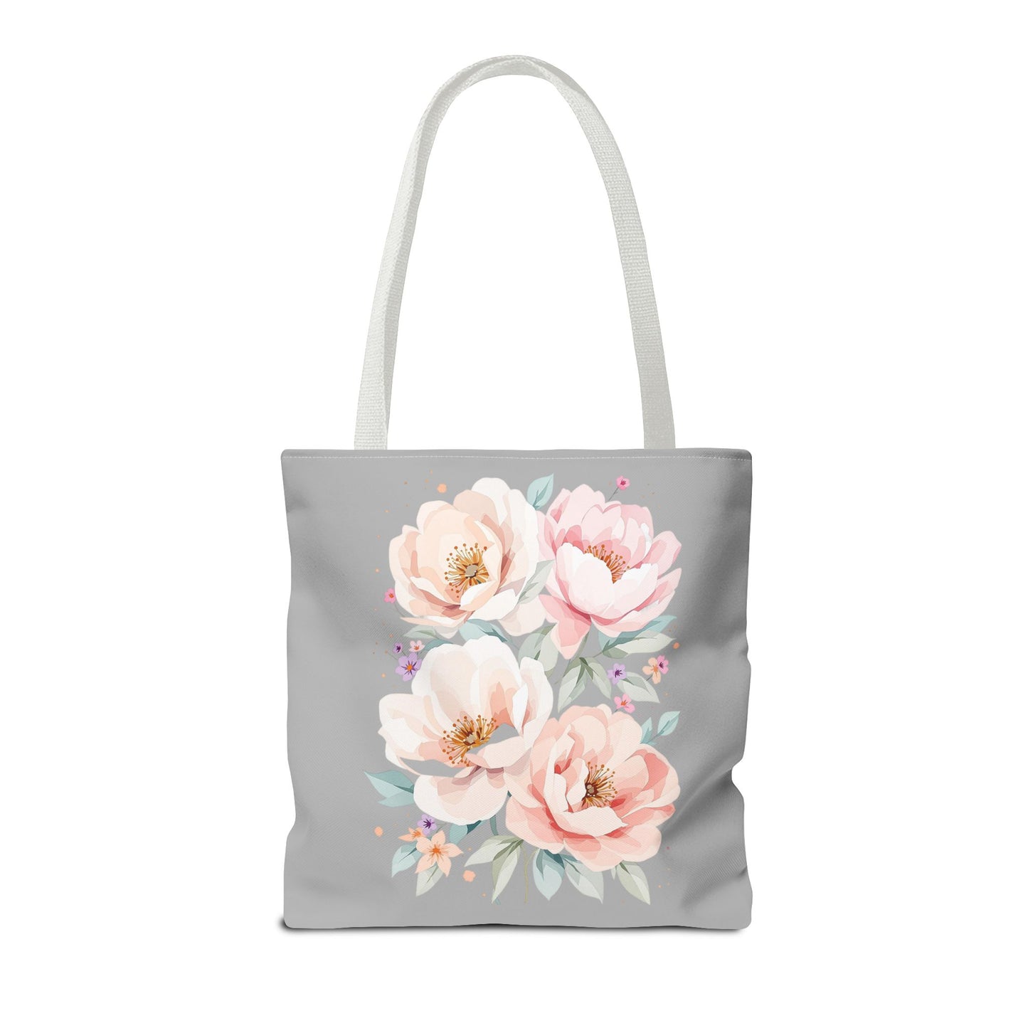 Floral Peony Tote Bag — Pink Watercolor Flowers on Grey