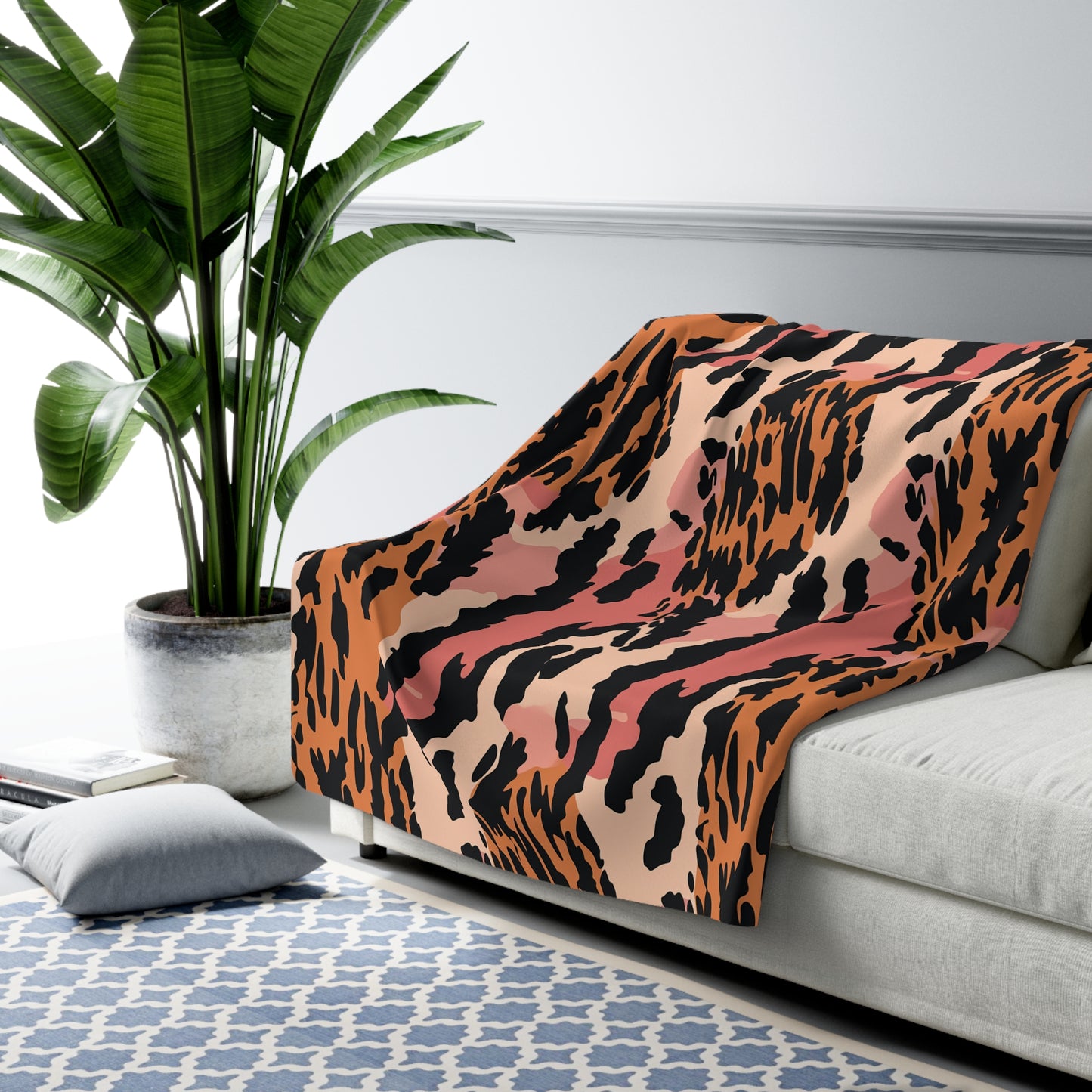 Leopard Print Sherpa Fleece Blanket — Pink & Orange Animal Print Cozy Throw