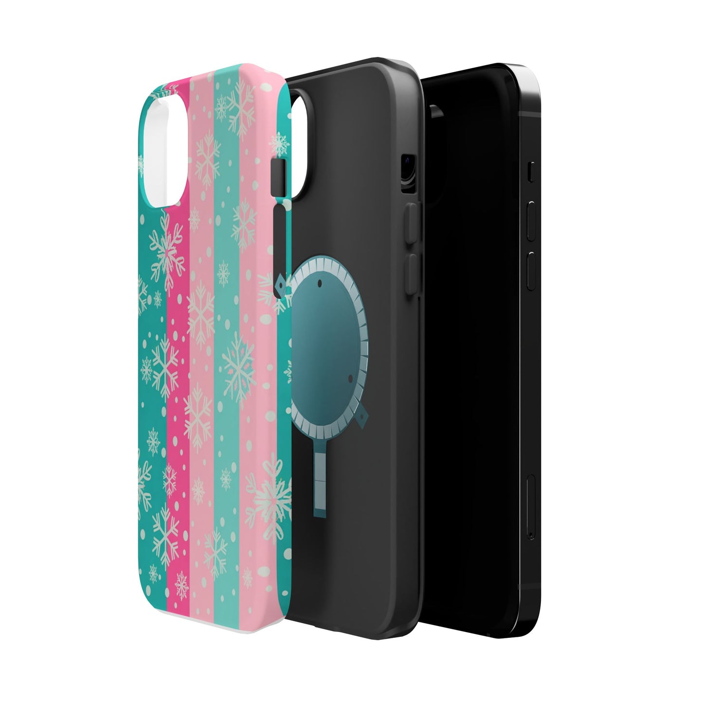 Snowflake Striped Magnetic Impact-Resistant Phone Case — Pink & Teal Winter Design