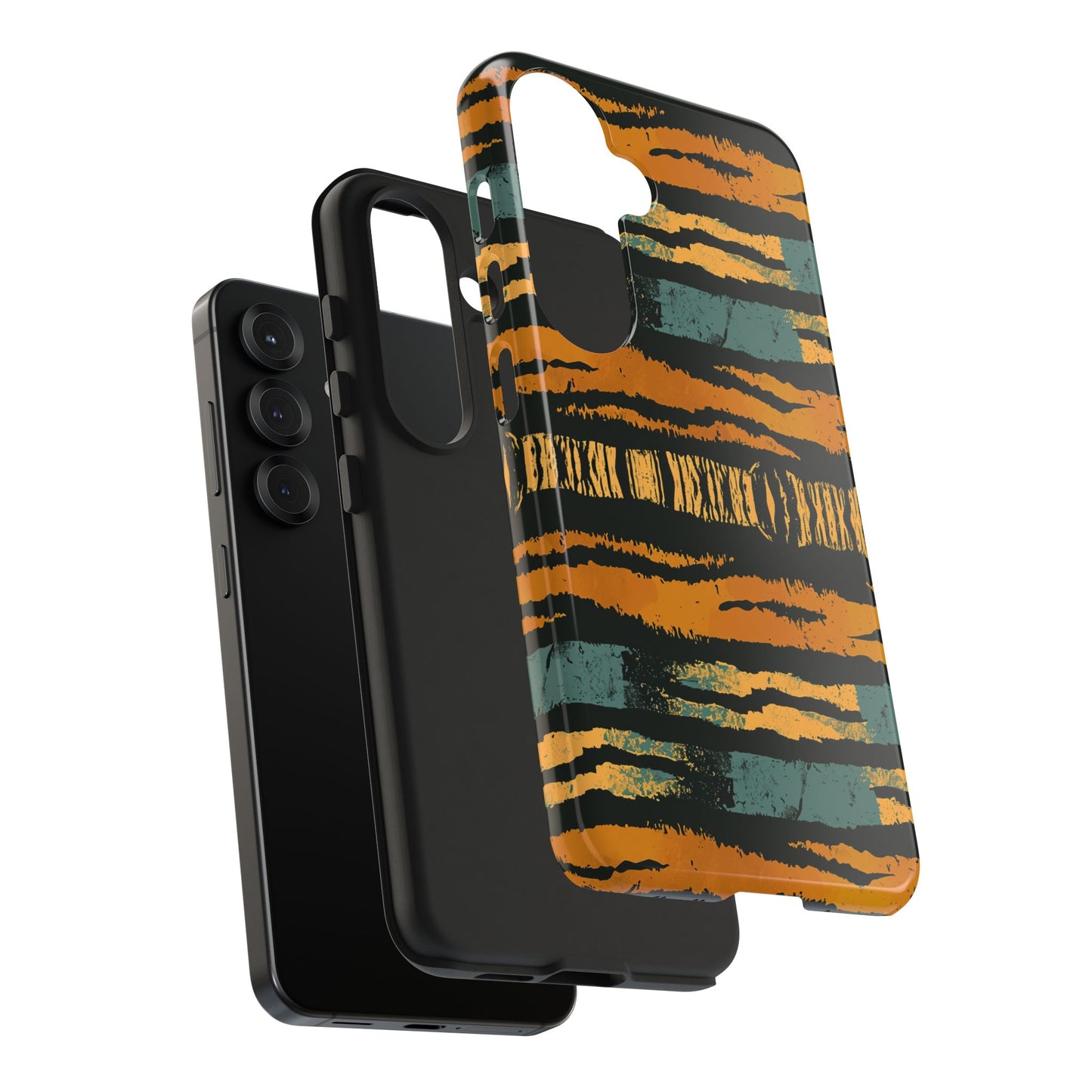 Tiger Stripe Tough Phone Case — Rugged Protective iPhone Cover with Amber & Teal Brushstroke Pattern