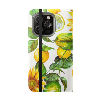 Sunflower & Lemon Flip Phone Case – Floral Wallet Flip Case with Card Slots