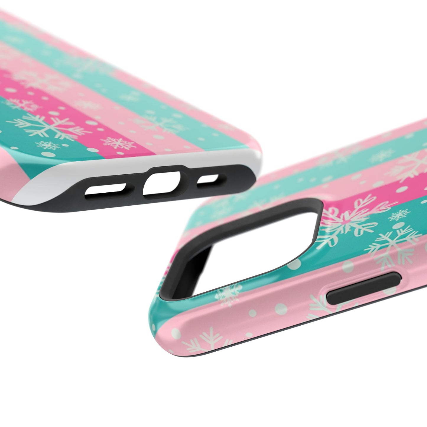 Snowflake Striped Magnetic Impact-Resistant Phone Case — Pink & Teal Winter Design