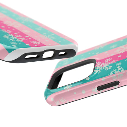 Snowflake Striped Magnetic Impact-Resistant Phone Case — Pink & Teal Winter Design