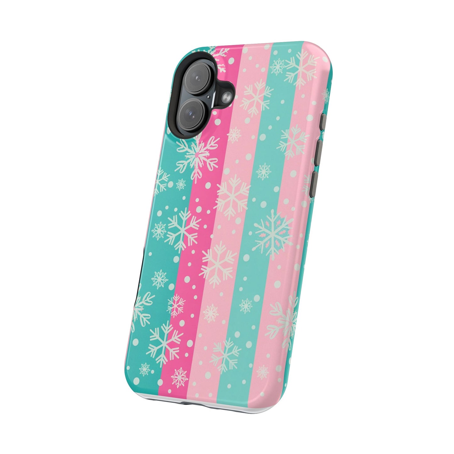 Snowflake Striped Magnetic Impact-Resistant Phone Case — Pink & Teal Winter Design