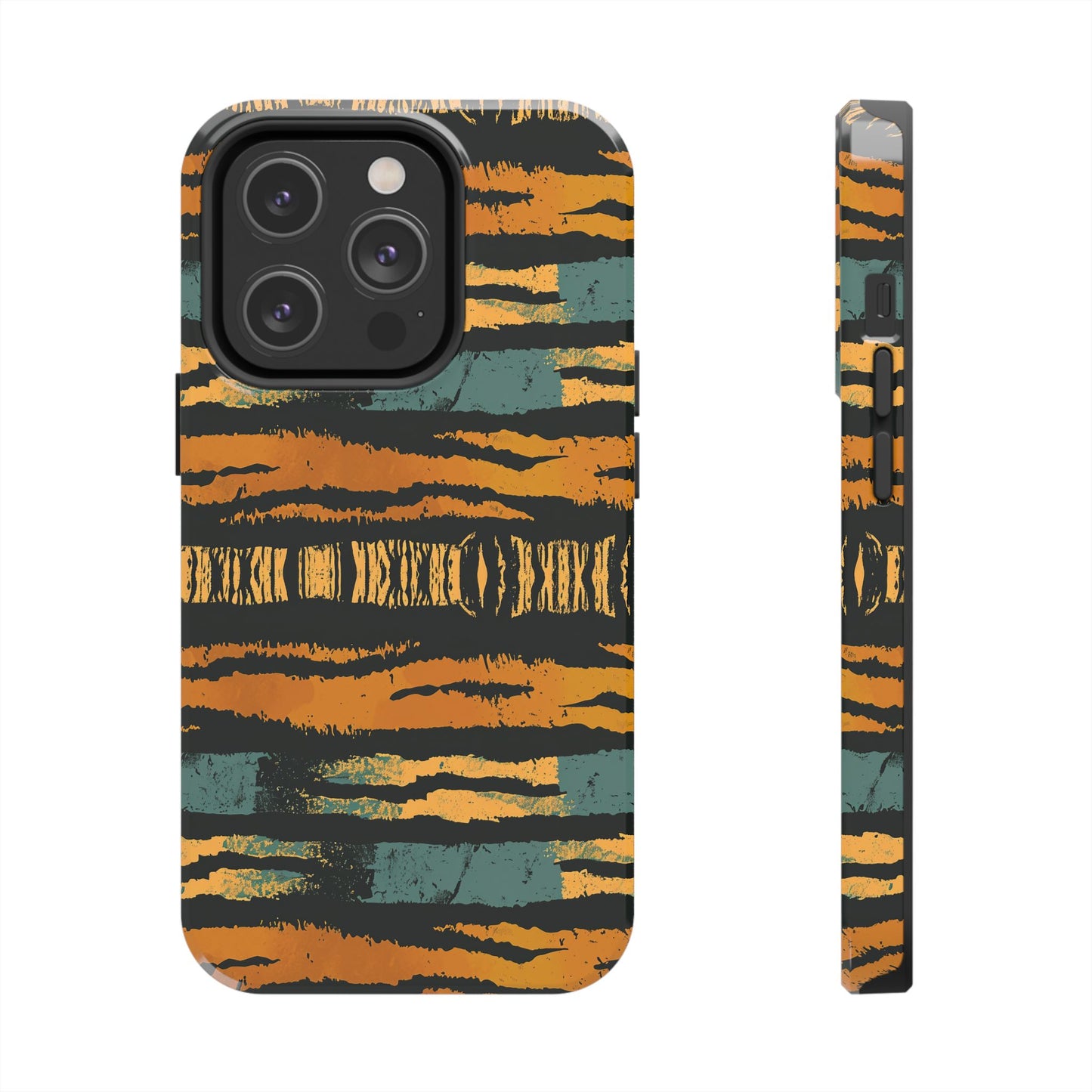 Tiger Stripe Tough Phone Case — Rugged Protective iPhone Cover with Amber & Teal Brushstroke Pattern