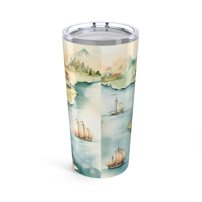 20oz Travel Tumbler — Vintage Fantasy Map with Castles & Sailing Ships