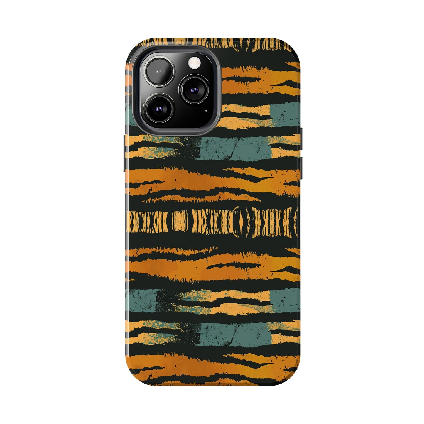 Tiger Stripe Tough Phone Case — Rugged Protective iPhone Cover with Amber & Teal Brushstroke Pattern
