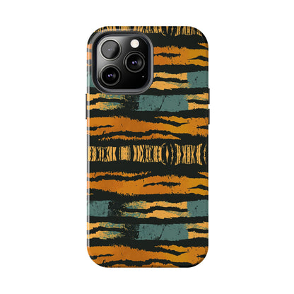 Tiger Stripe Tough Phone Case — Rugged Protective iPhone Cover with Amber & Teal Brushstroke Pattern