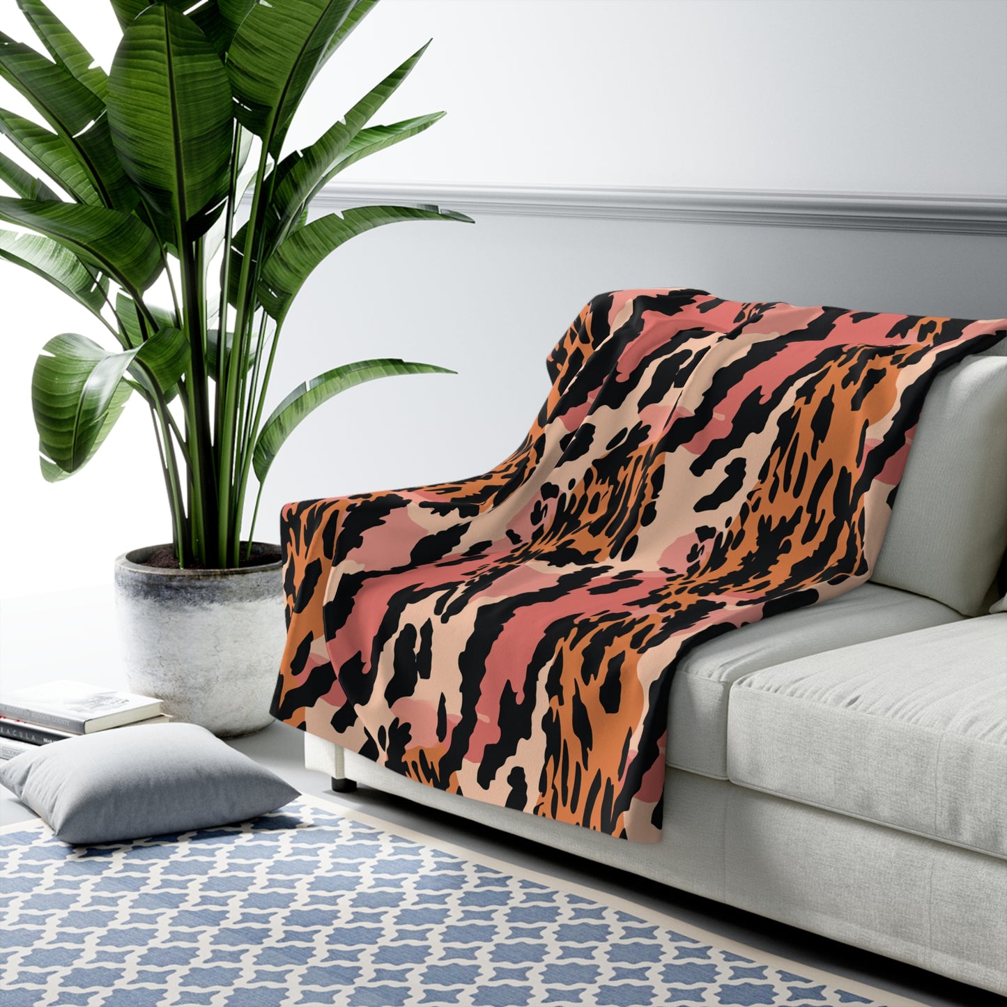 Leopard Print Sherpa Fleece Blanket — Pink & Orange Animal Print Cozy Throw