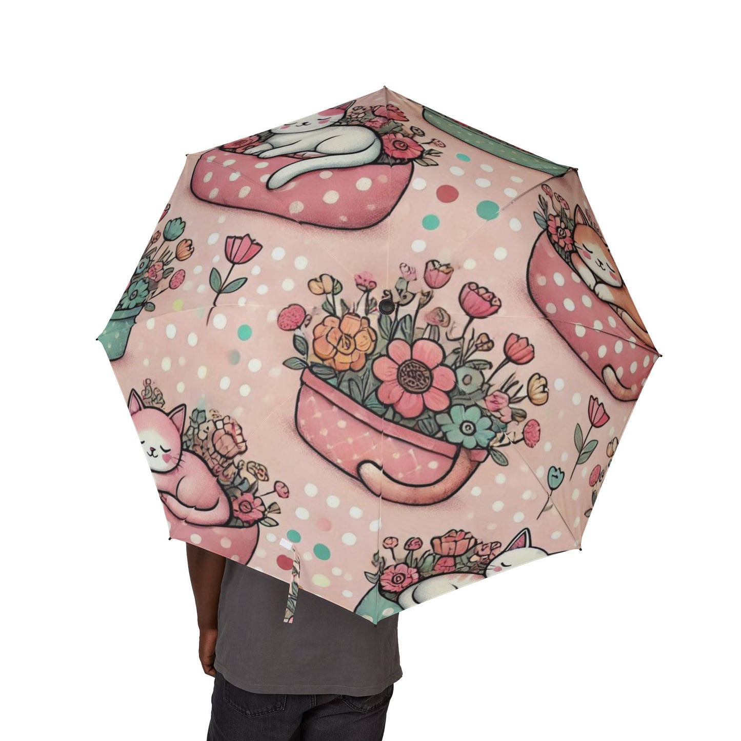 Cute Floral Mushroom Cat Foldable Umbrella – Pink Semi-Automatic Rain Parasol
