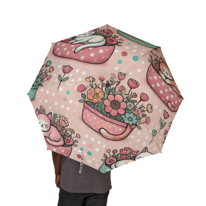 Cute Floral Mushroom Cat Foldable Umbrella – Pink Semi-Automatic Rain Parasol