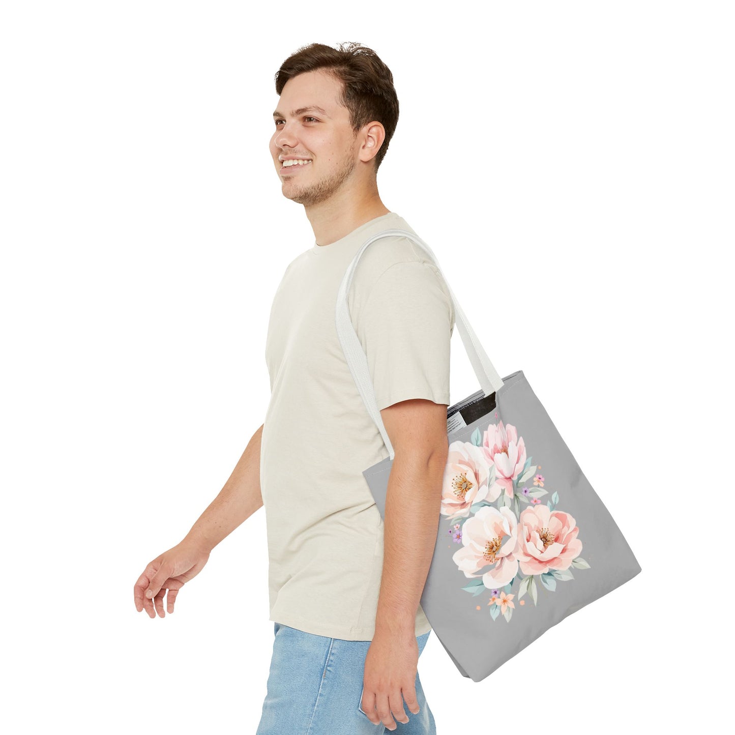 Floral Peony Tote Bag — Pink Watercolor Flowers on Grey