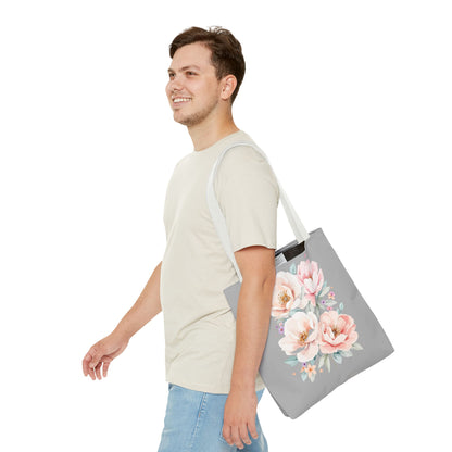 Floral Peony Tote Bag — Pink Watercolor Flowers on Grey