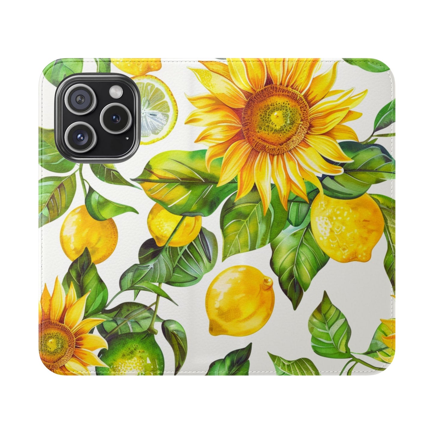 Sunflower & Lemon Flip Phone Case – Floral Wallet Flip Case with Card Slots