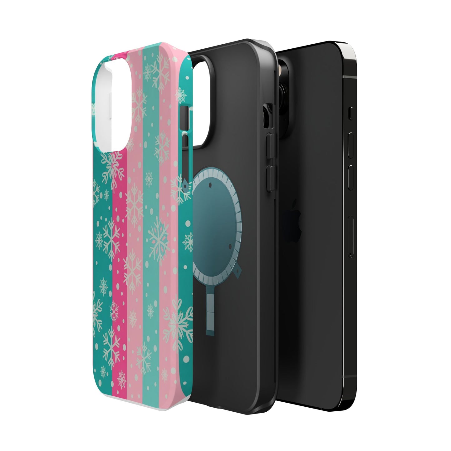 Snowflake Striped Magnetic Impact-Resistant Phone Case — Pink & Teal Winter Design