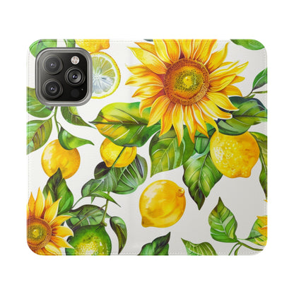 Sunflower & Lemon Flip Phone Case – Floral Wallet Flip Case with Card Slots