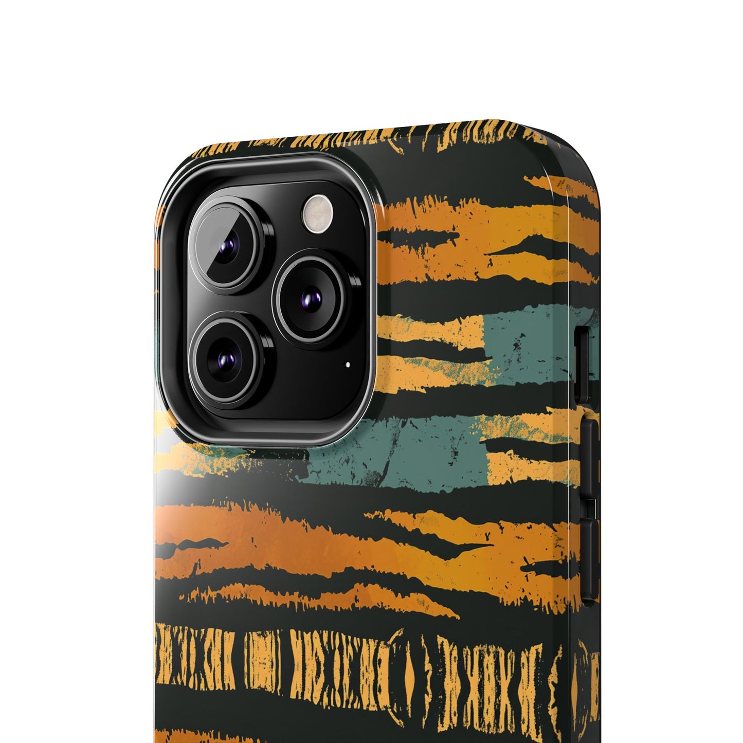 Tiger Stripe Tough Phone Case — Rugged Protective iPhone Cover with Amber & Teal Brushstroke Pattern