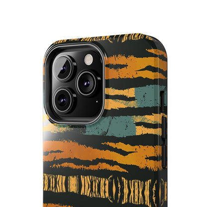 Tiger Stripe Tough Phone Case — Rugged Protective iPhone Cover with Amber & Teal Brushstroke Pattern