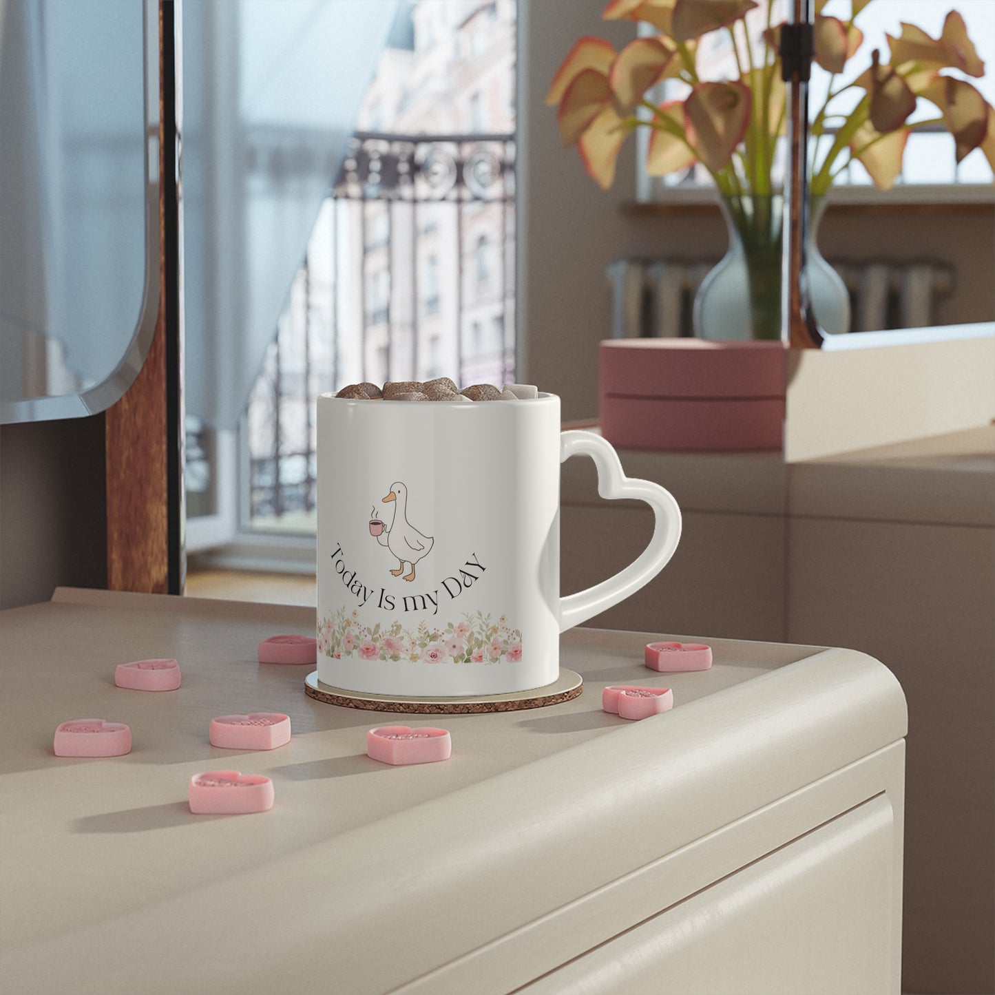Mug - Duck and Flowers Heart-Shaped Mug - Today Is My Day Design