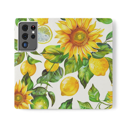 Sunflower & Lemon Flip Phone Case – Floral Wallet Flip Case with Card Slots