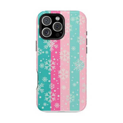 Snowflake Striped Magnetic Impact-Resistant Phone Case — Pink & Teal Winter Design