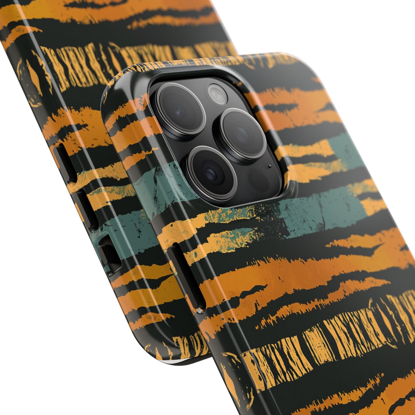 Tiger Stripe Tough Phone Case — Rugged Protective iPhone Cover with Amber & Teal Brushstroke Pattern