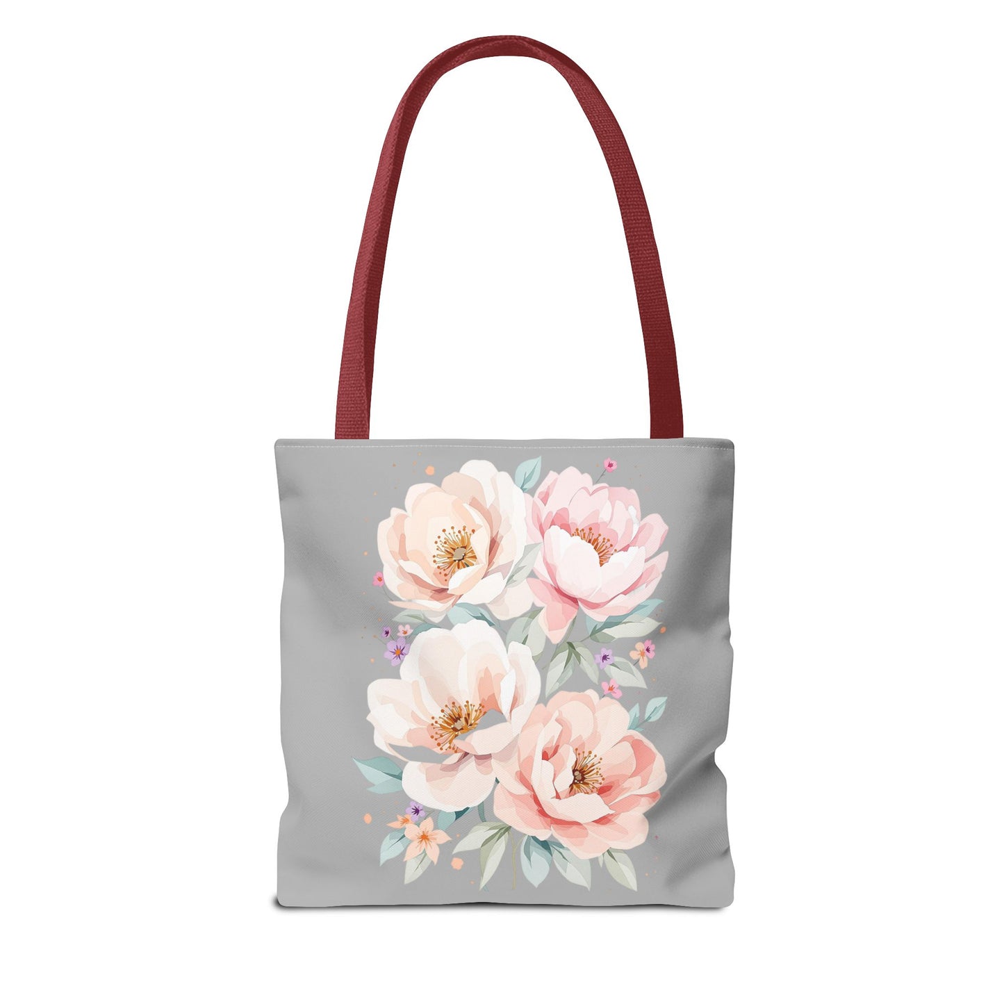 Floral Peony Tote Bag — Pink Watercolor Flowers on Grey