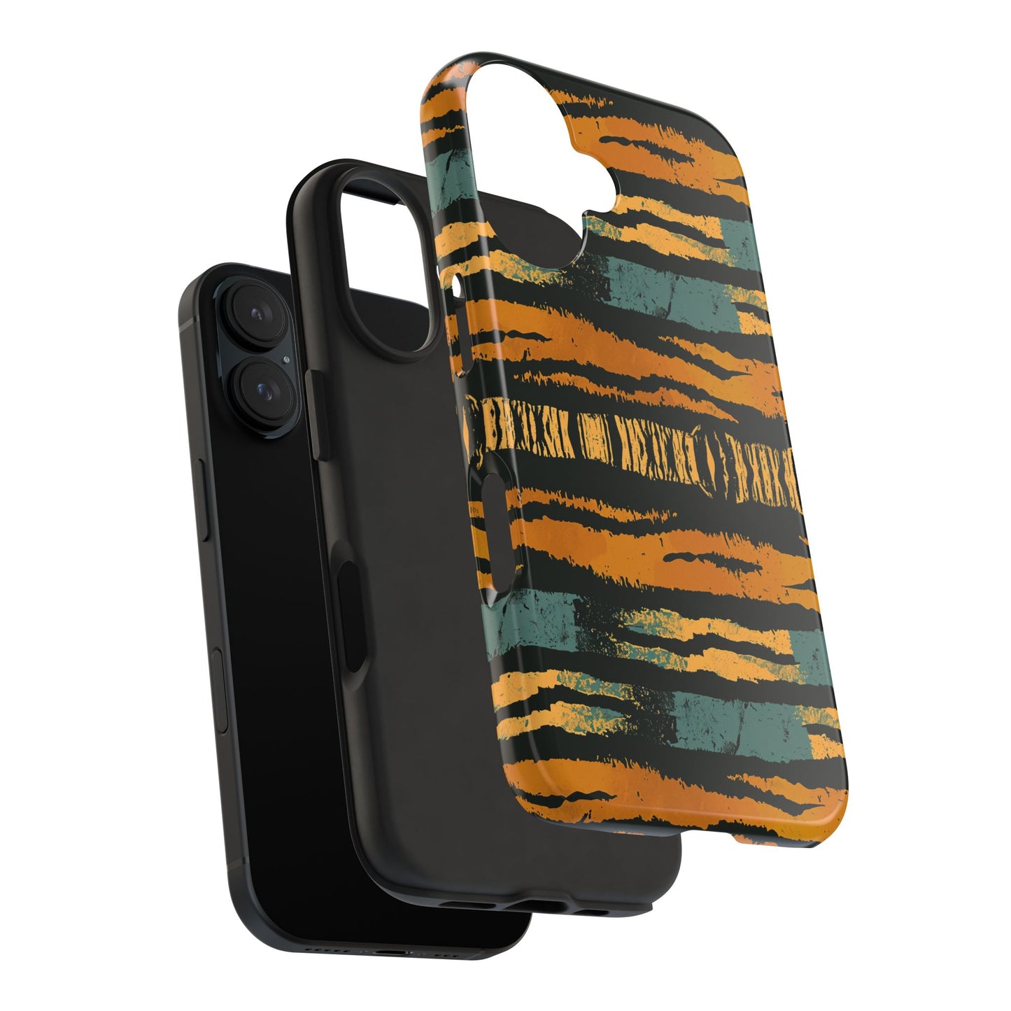 Tiger Stripe Tough Phone Case — Rugged Protective iPhone Cover with Amber & Teal Brushstroke Pattern