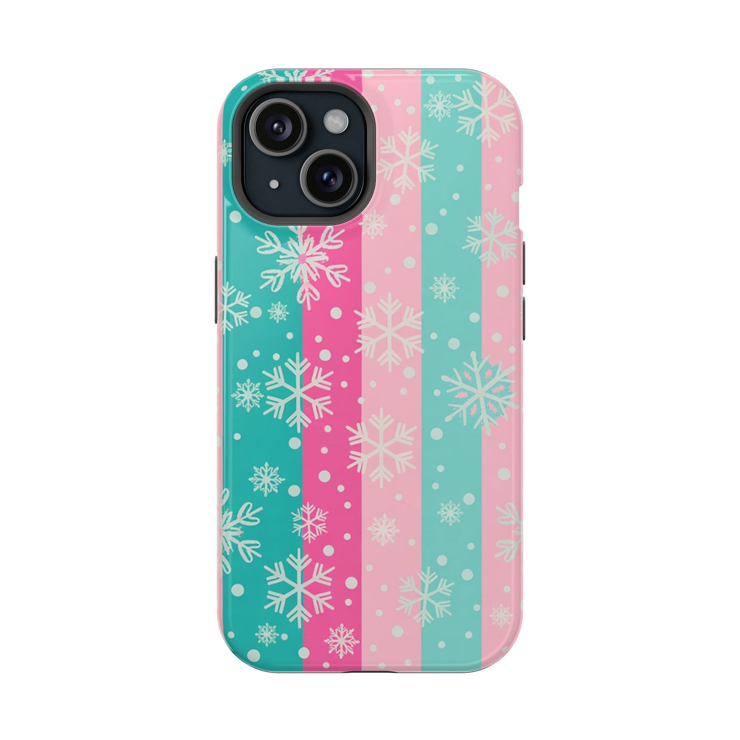 Snowflake Striped Magnetic Impact-Resistant Phone Case — Pink & Teal Winter Design
