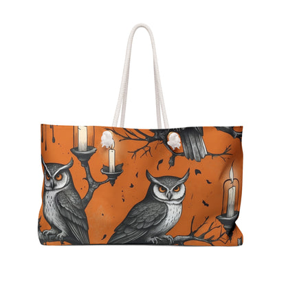 Spooky Owl Weekender Bag, Halloween Travel Tote, Fall Weekend Bag, Owl Print Luggage, Bohemian Tote for Autumn Adventures