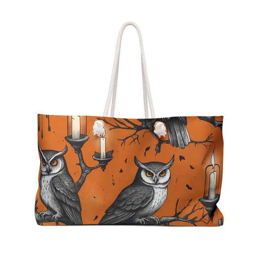Spooky Owl Weekender Bag, Halloween Travel Tote, Fall Weekend Bag, Owl Print Luggage, Bohemian Tote for Autumn Adventures