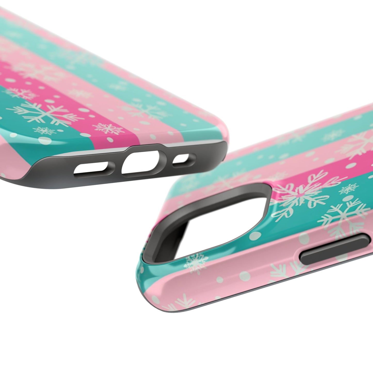 Snowflake Striped Magnetic Impact-Resistant Phone Case — Pink & Teal Winter Design