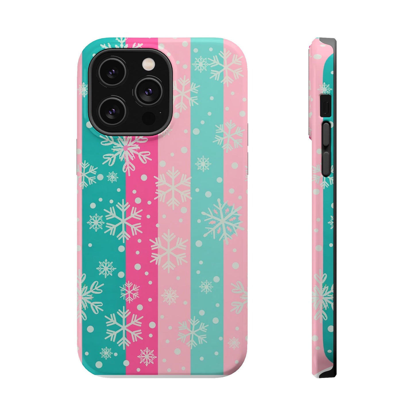 Snowflake Striped Magnetic Impact-Resistant Phone Case — Pink & Teal Winter Design