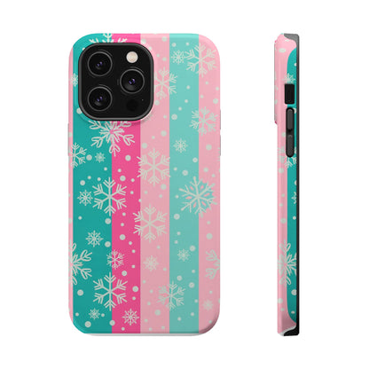 Snowflake Striped Magnetic Impact-Resistant Phone Case — Pink & Teal Winter Design